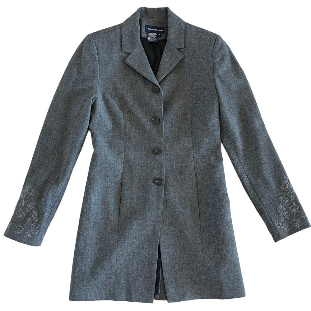 Tristan & Iseut Blazer Women 2 Grey Longline Embroidered Cuffs Jacket Officecore
